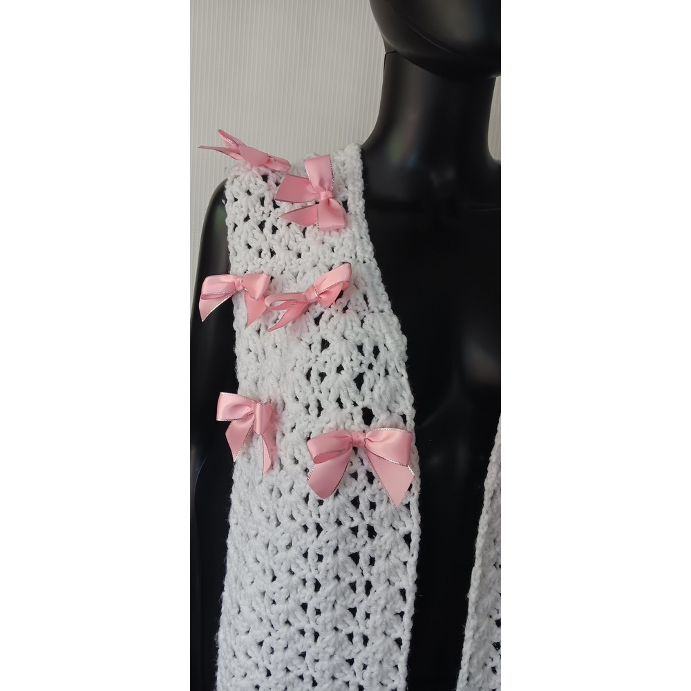 Handmade White Crochet Vest Sweater Longline Pink Bow Coquette Medium KS0296 - Picture 5 of 6